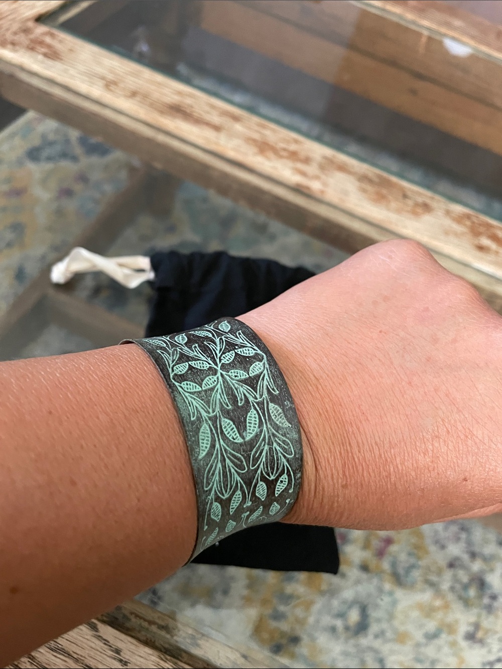 Green Leaf-Pattern Copper Cuff Bracelet